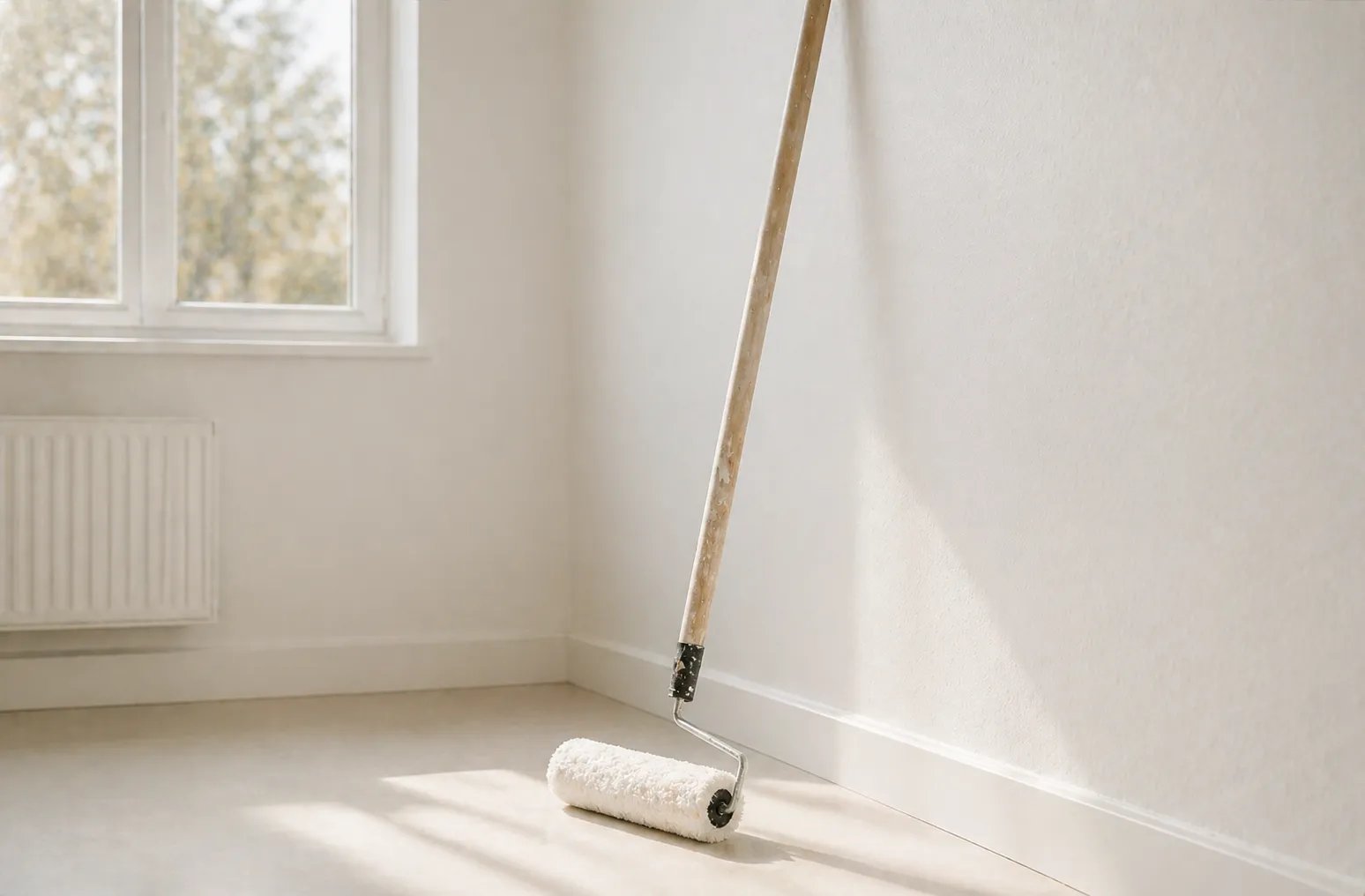 Malerarbeiten – Farbrolle an frisch gestrichener Wand